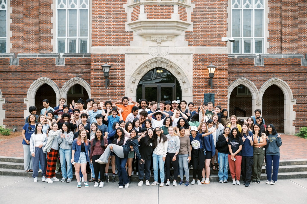 Large group of student outside hall